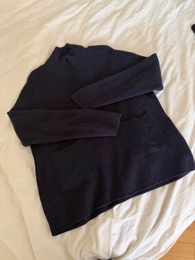 Boss Navy Mock Neck Knit Sweater with Front Patch Pockets